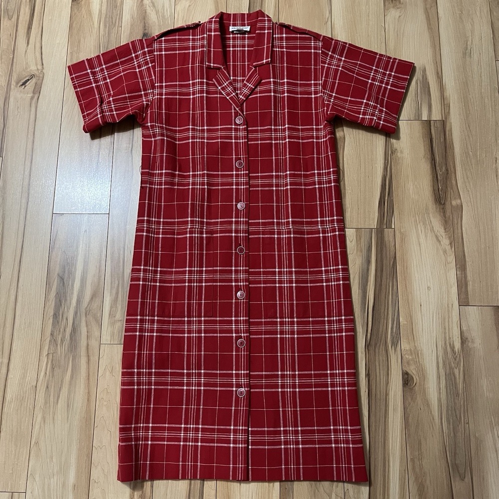 Vintage Tanner Utility Shirt Dress Womens Sz 10 Red Plaid Midi Retro 70s Western